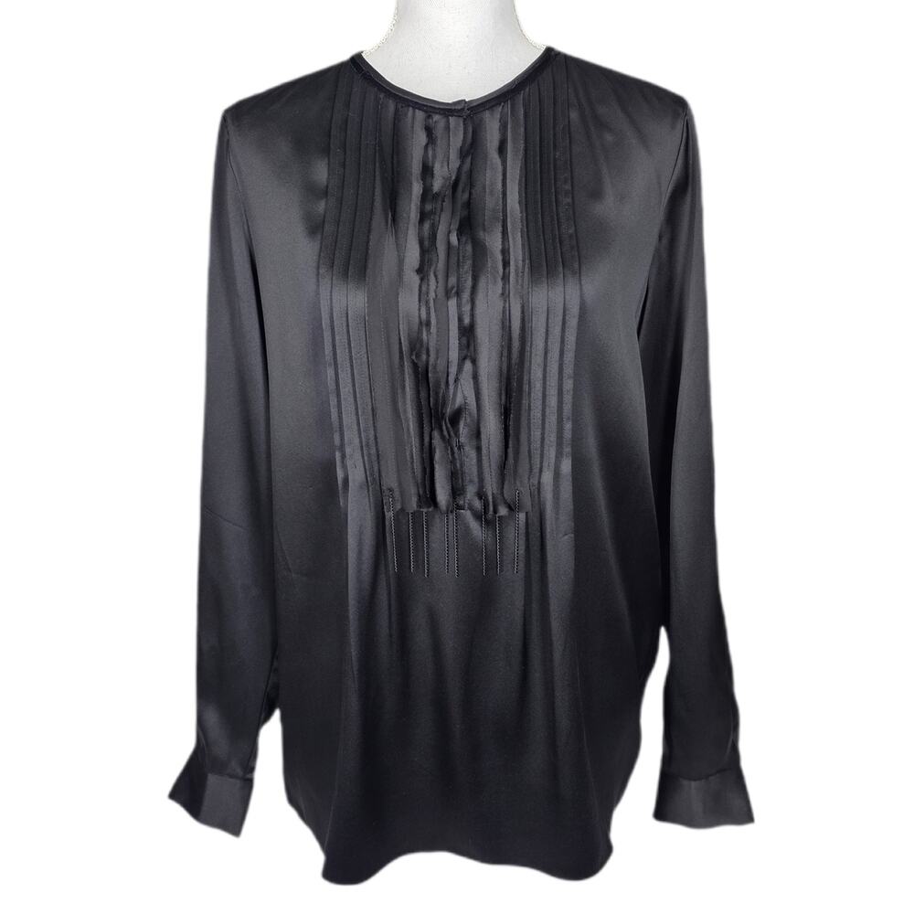 ELIE TAHARI BLACK PLEATED LONG‑SLEEVE BLOUSE – SIZE MEDIUM – SMOOTH SATIN FEEL